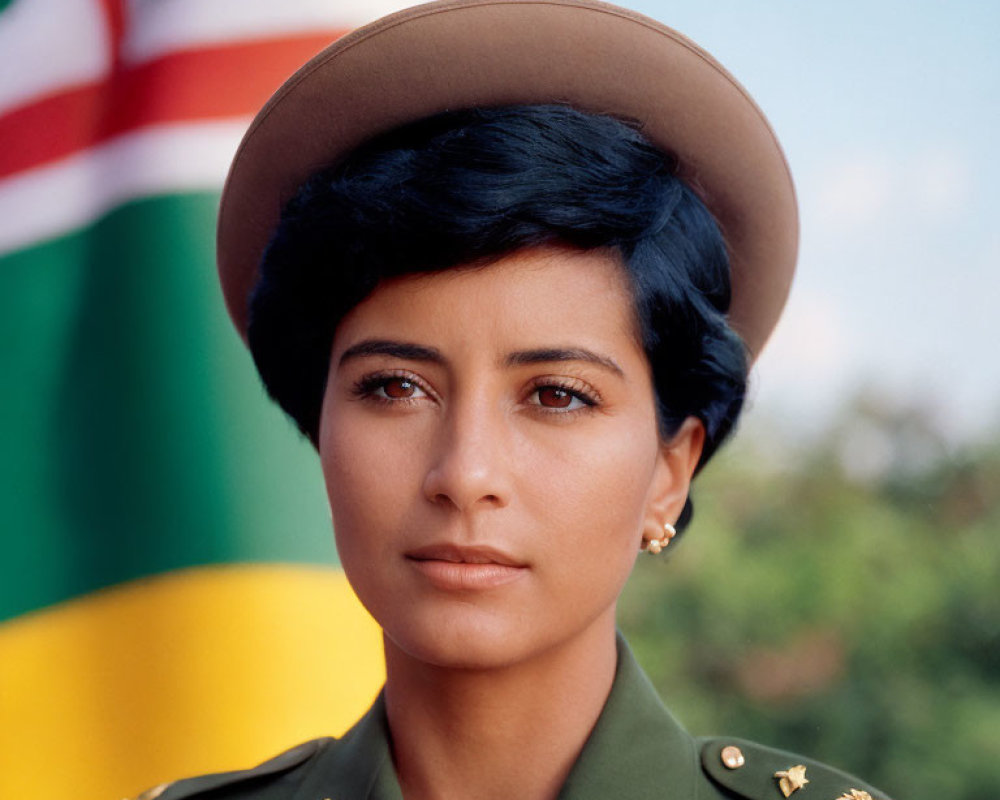 Military person in uniform with beret against blurred flag background