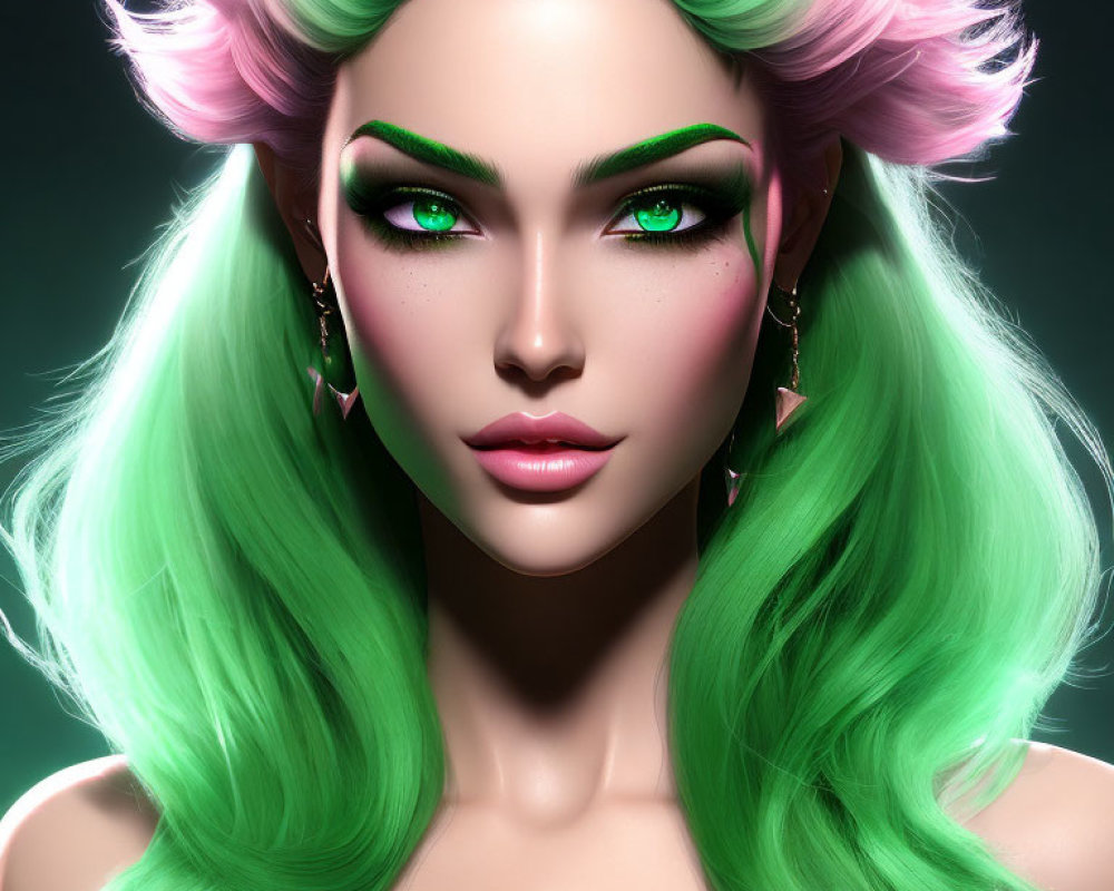 Vibrant green hair and pink highlights on female avatar with striking green eyes and gold triangle earrings on