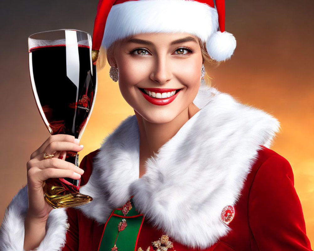 Smiling woman in Santa hat with wine glass in festive attire
