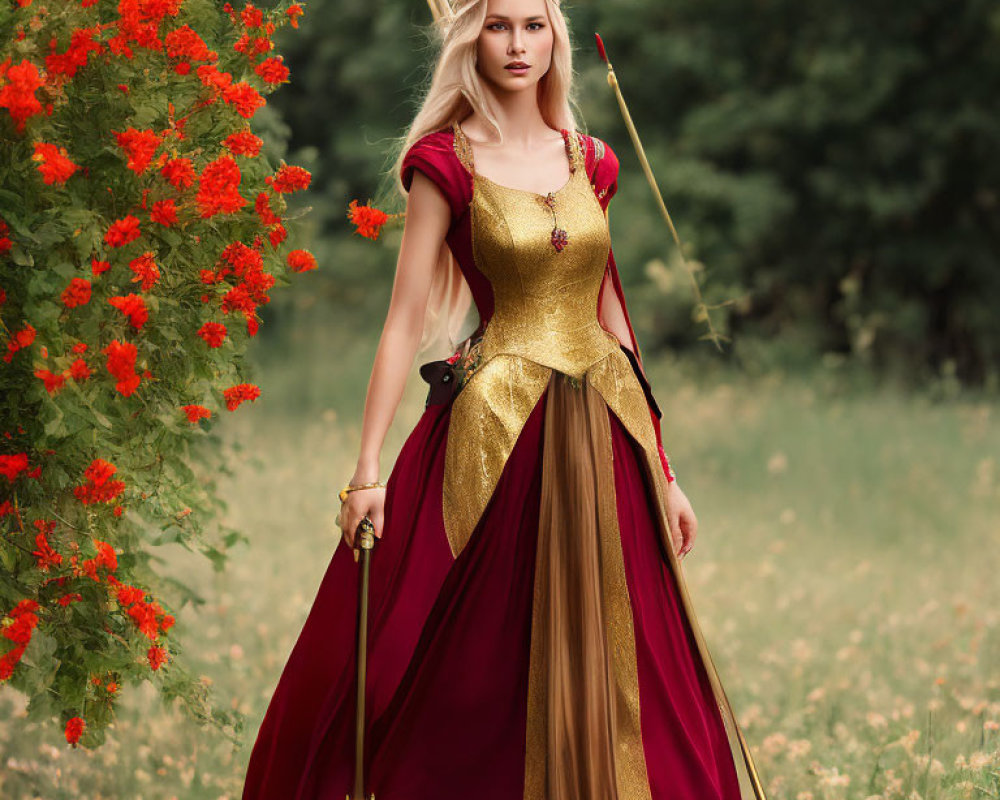 Medieval-style woman in red and gold dress with bow and arrow in field.