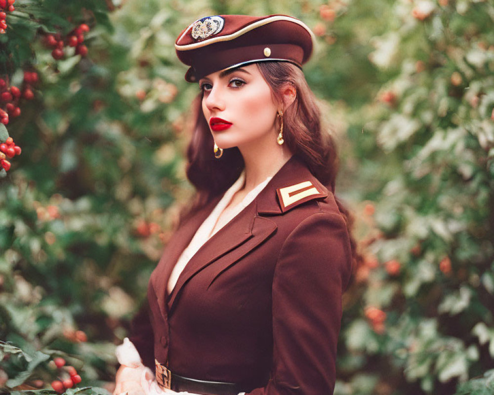 Confident woman in military-style uniform among red berries