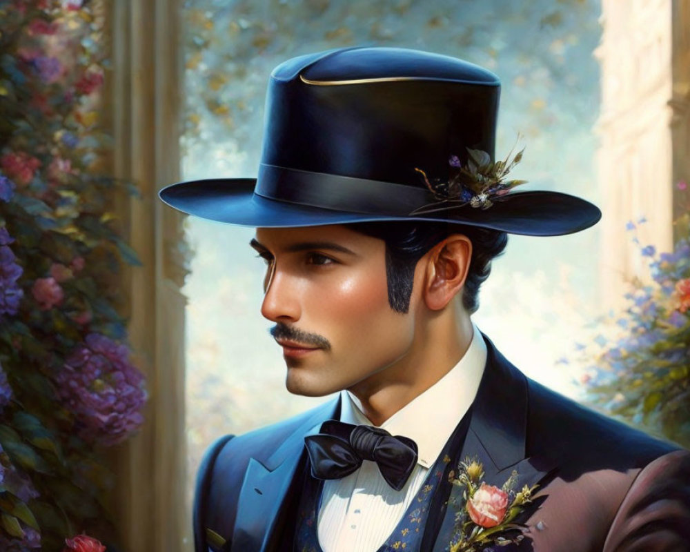 Mustached man in elegant suit and top hat with flowers, against floral backdrop
