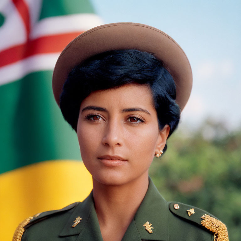 Military person in uniform with beret against blurred flag background