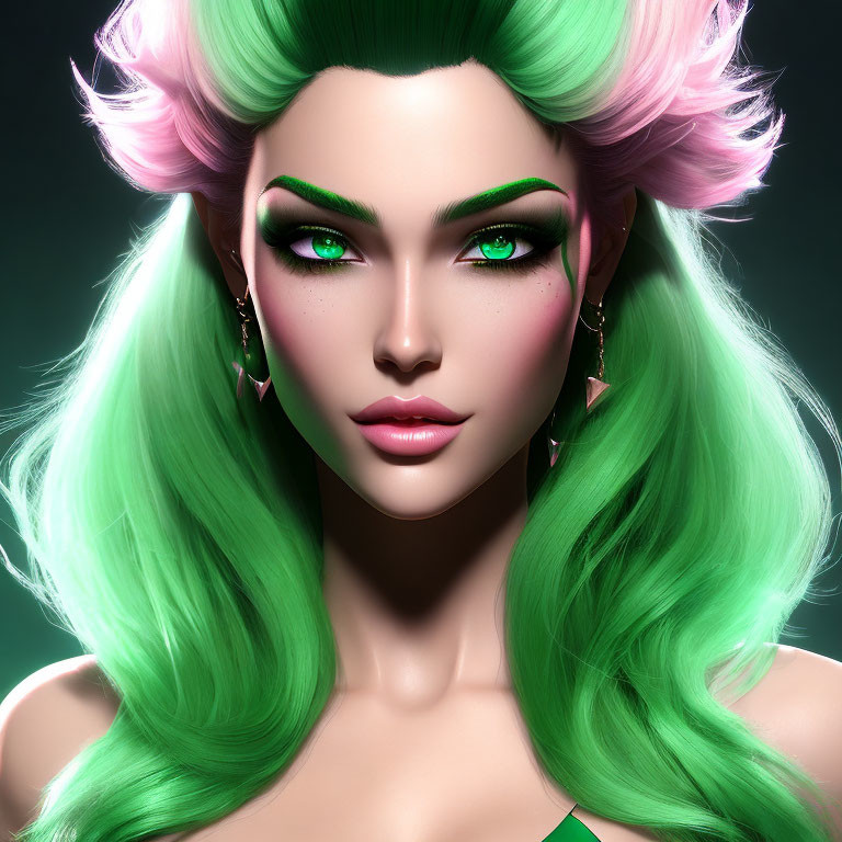 Vibrant green hair and pink highlights on female avatar with striking green eyes and gold triangle earrings on