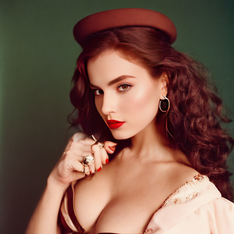 Portrait of woman with dark curly hair, brown hat, red lipstick, off-shoulder top,