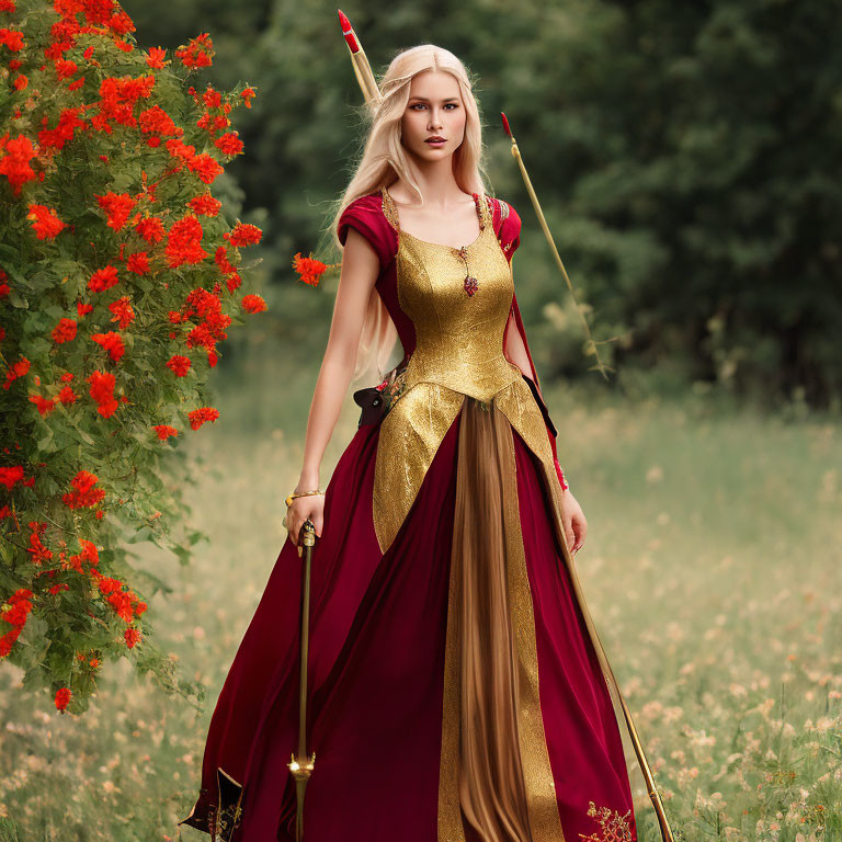 Medieval-style woman in red and gold dress with bow and arrow in field.