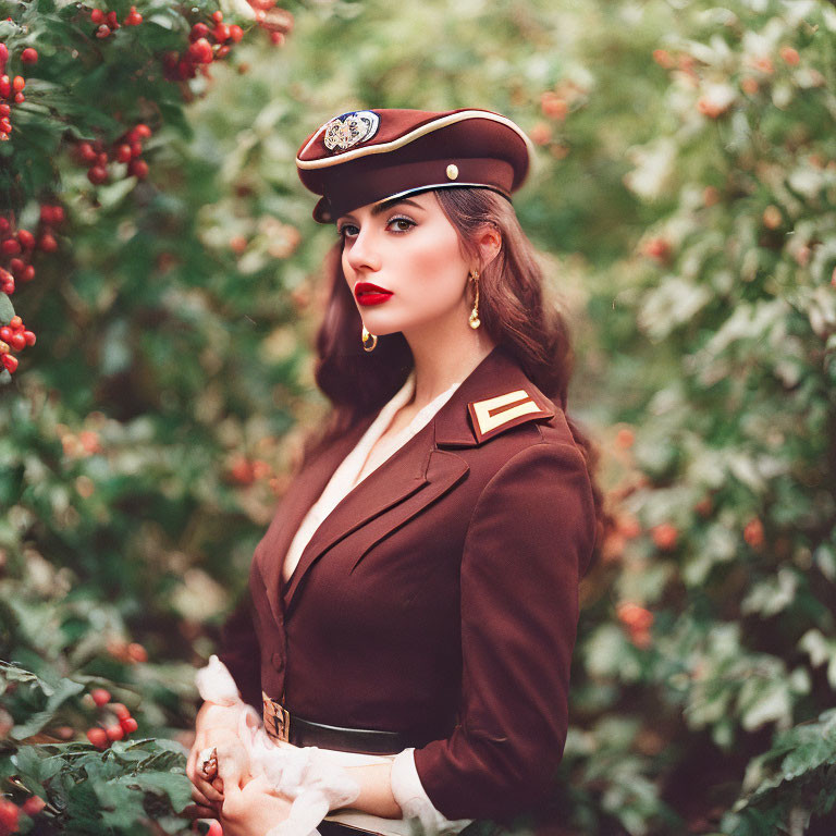Confident woman in military-style uniform among red berries
