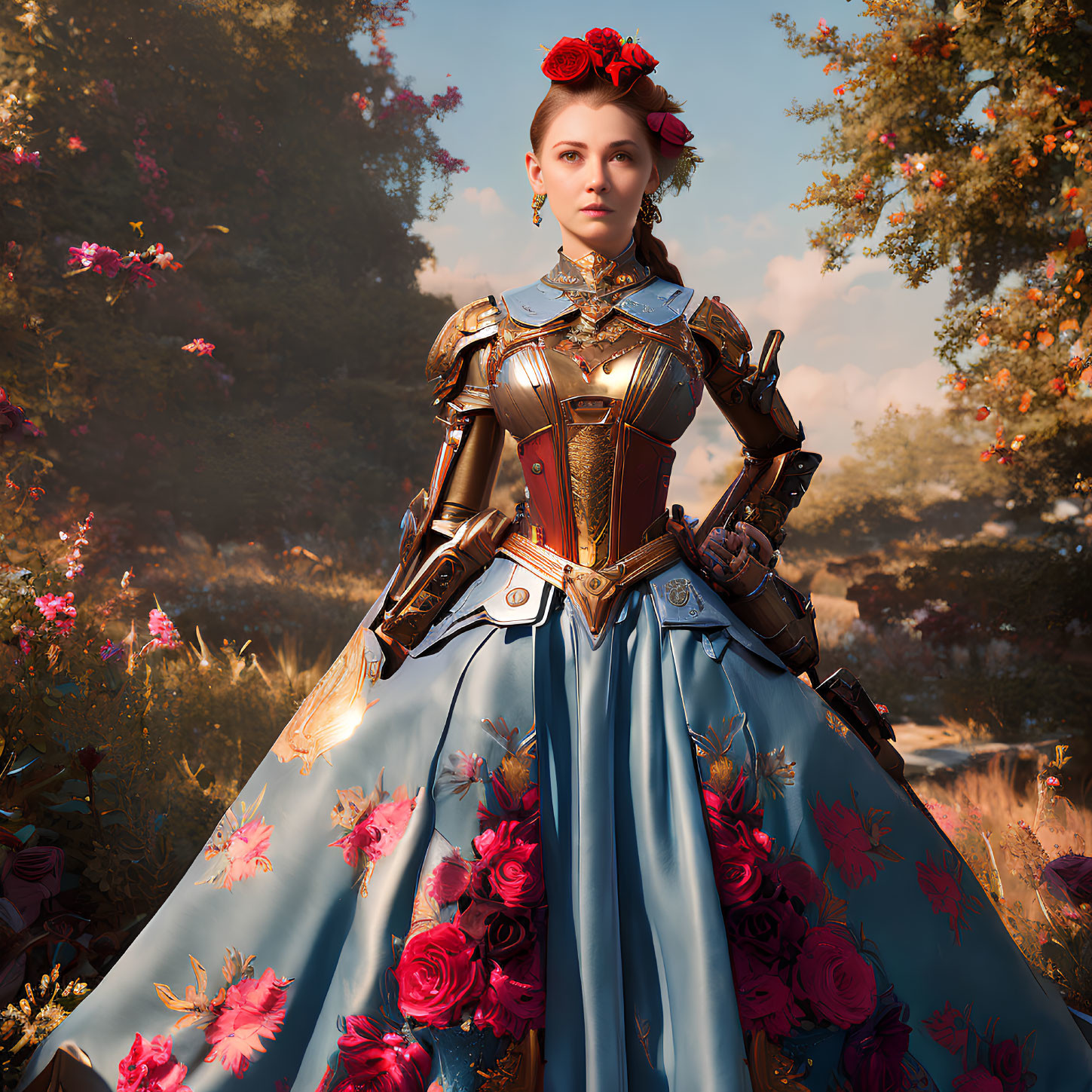 Woman in Blue and Gold Renaissance Dress with Armor in Sunlit Garden