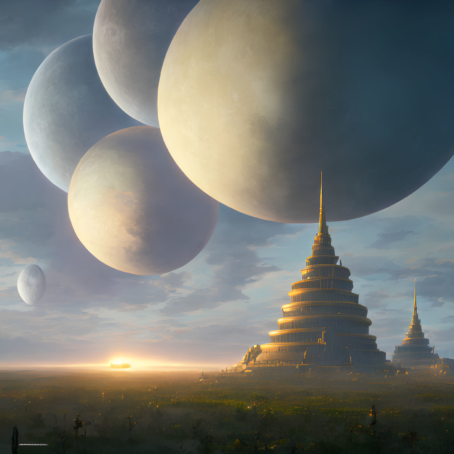Futuristic pagoda structures under celestial bodies in serene sci-fi landscape