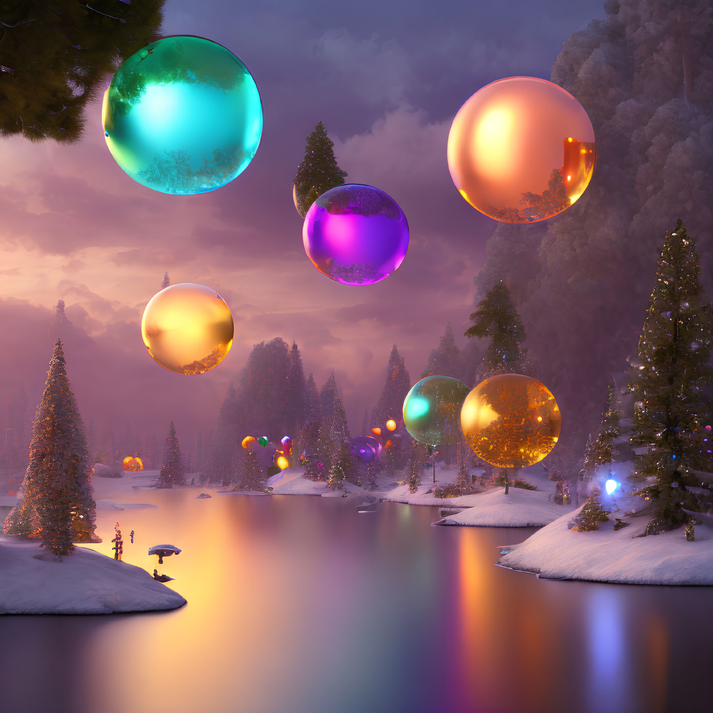 Winter landscape with colorful orbs over lake and snow-covered trees