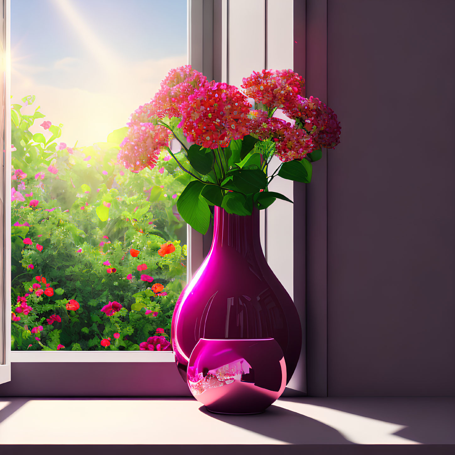 Pink flowers in shiny purple vase on sunny windowsill overlooking garden