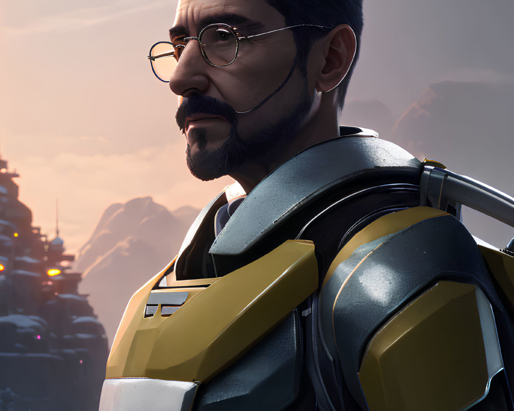 Bearded man in futuristic armor against industrial backdrop