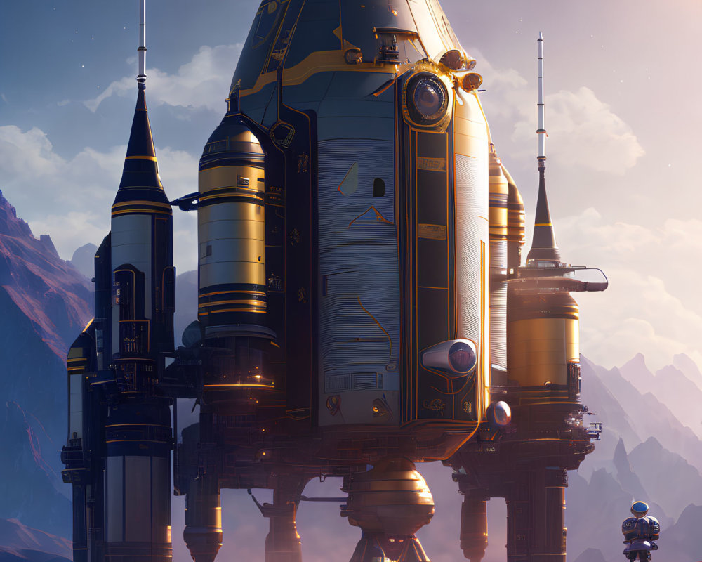 Golden futuristic spaceship on alien terrain with robot under dusky sky