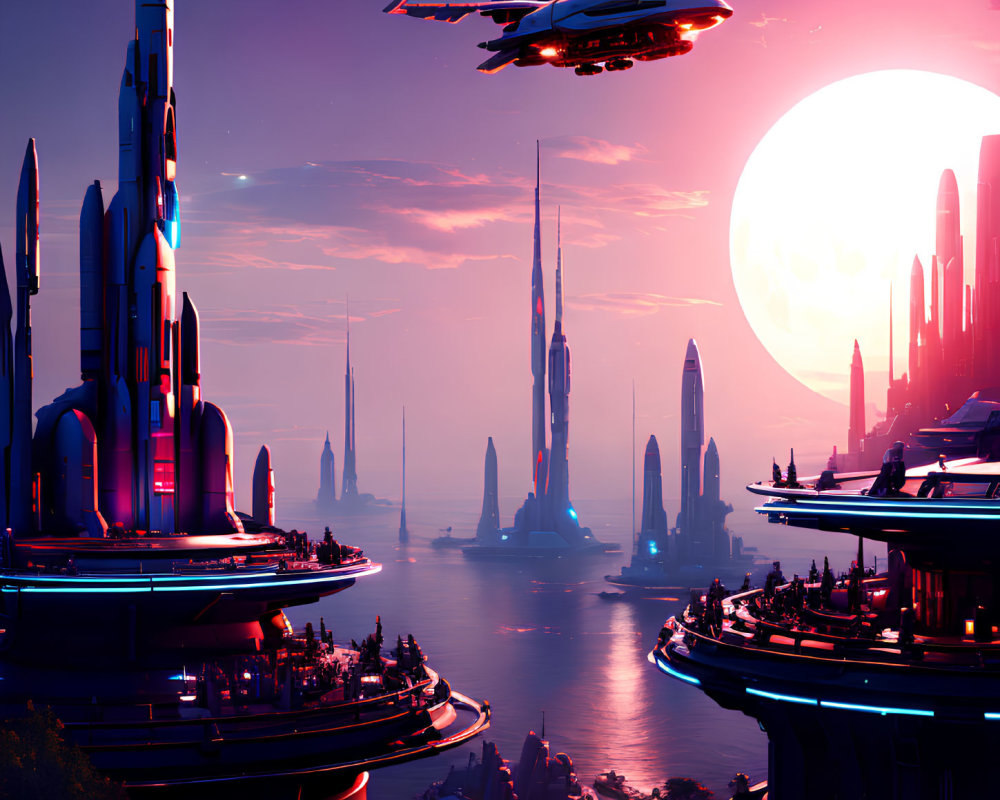 Futuristic cityscape with towering spires and flying vehicles in a purple sunset.