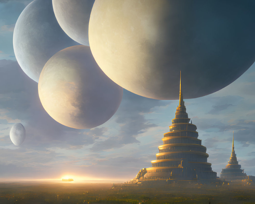 Futuristic pagoda structures under celestial bodies in serene sci-fi landscape