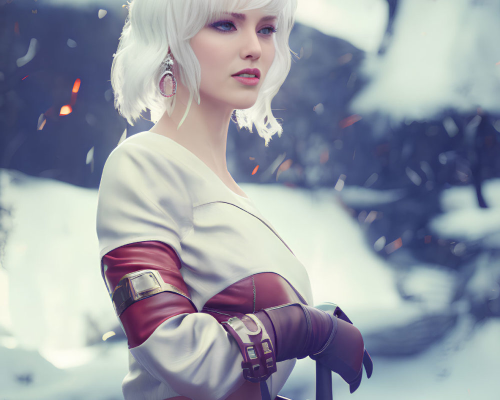 White-Haired Cosplayer in Crop Top Amid Snowy Backdrop
