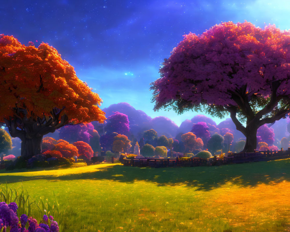 Colorful Trees and Starry Sky Over Green Meadow and Path