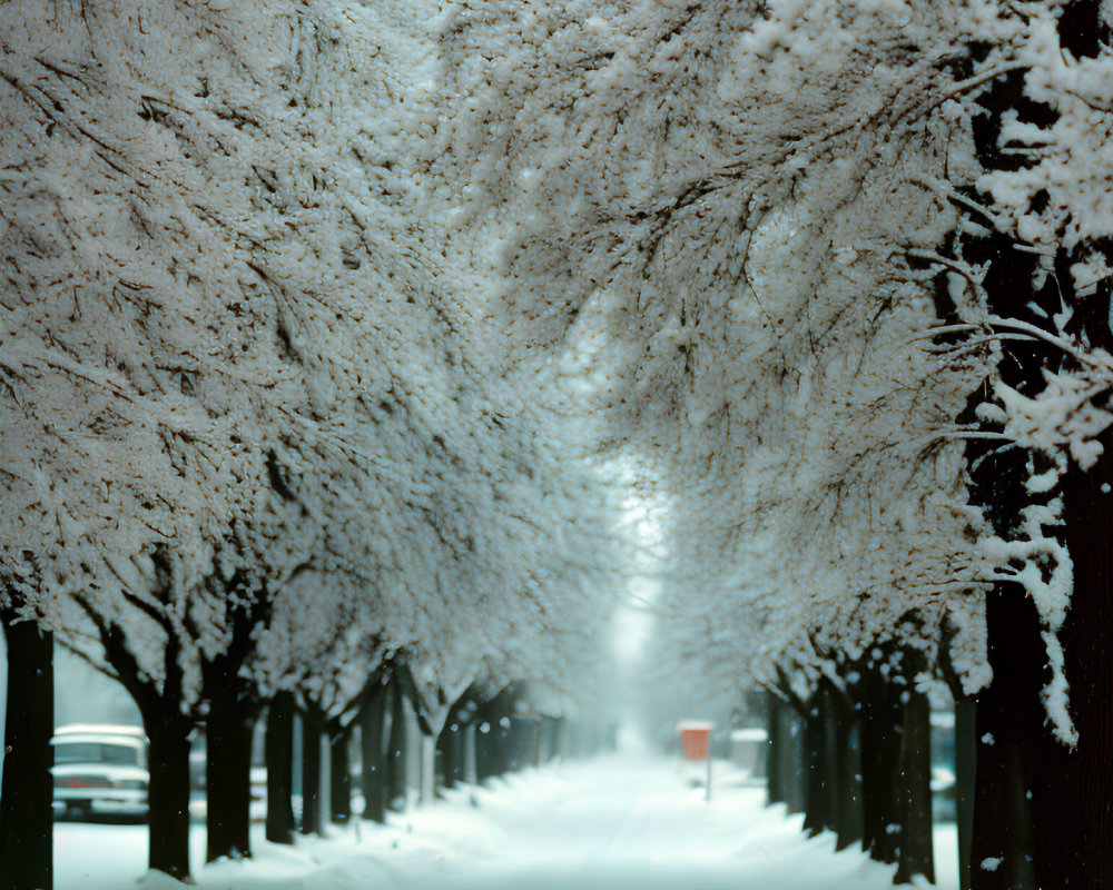 Snow-covered path with trees, soft light, and red object in distance