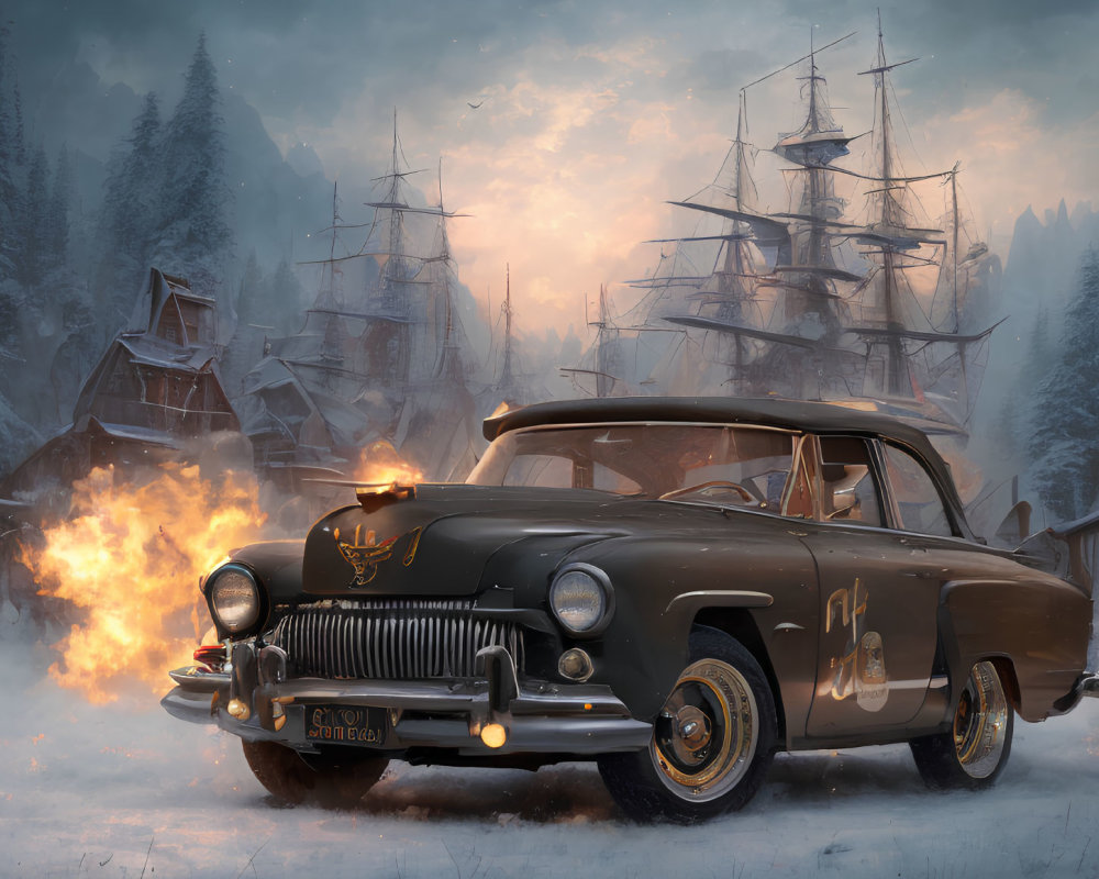 Vintage car with illuminated headlights in snowy twilight scene with sailing ships and cozy houses.