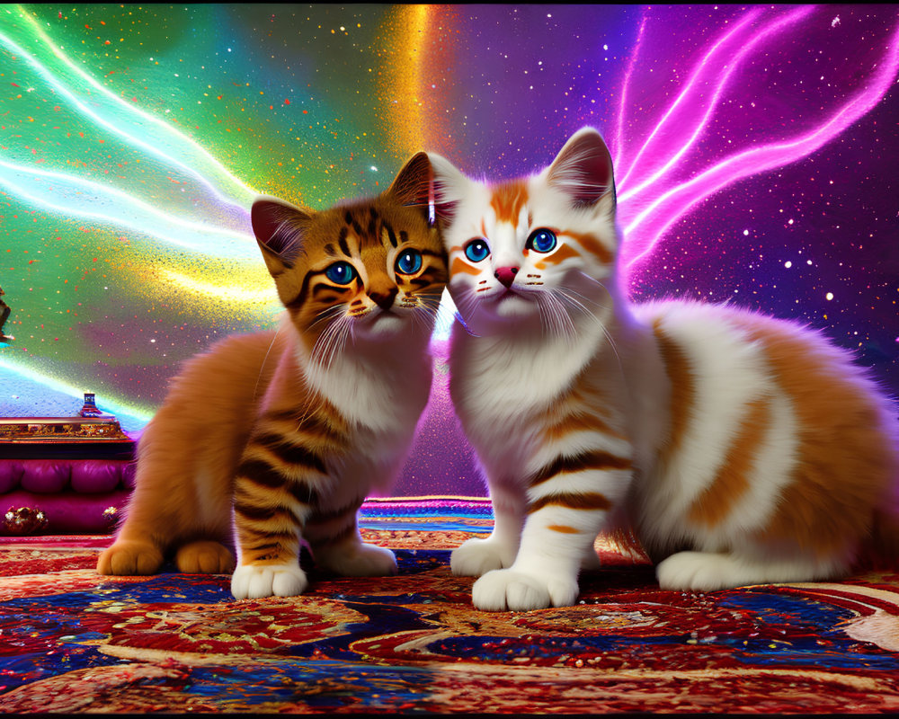 Vibrant kittens with large blue eyes on cosmic carpet
