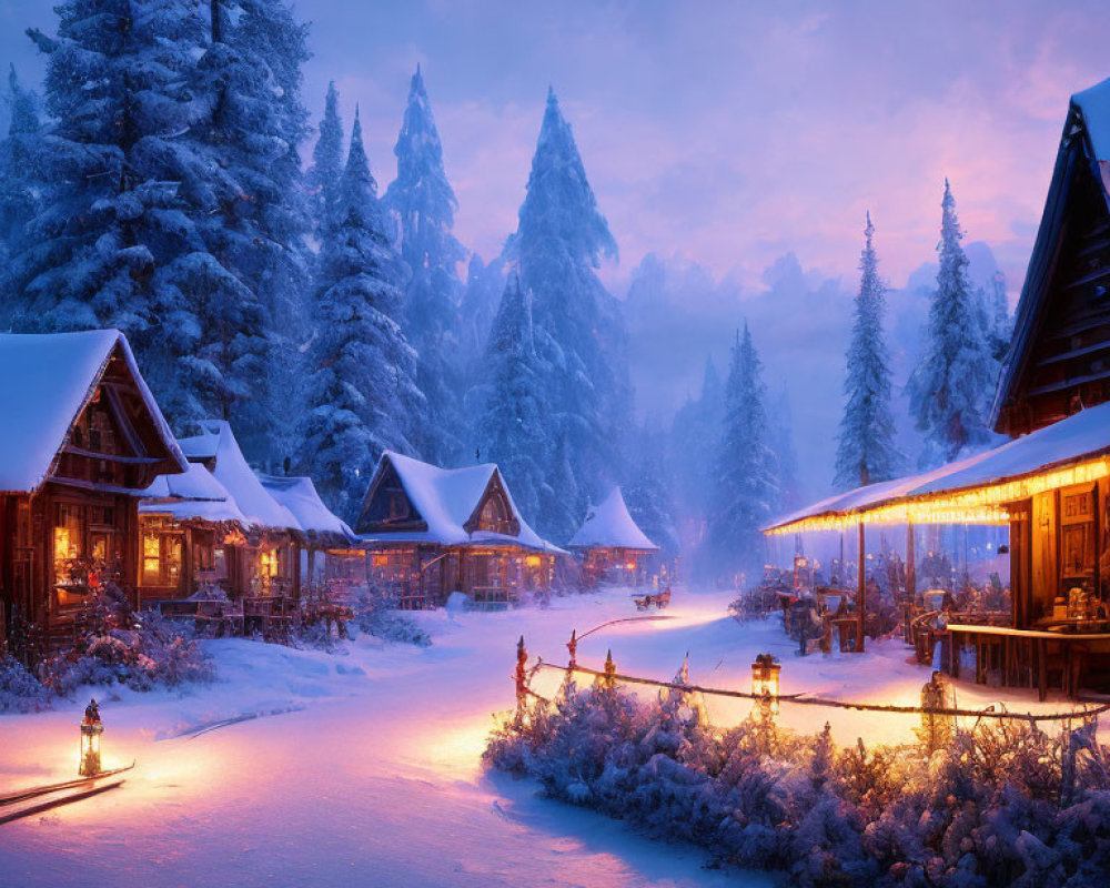 Snowy village at dusk: illuminated cabins, trees, and street lamps in warm glow