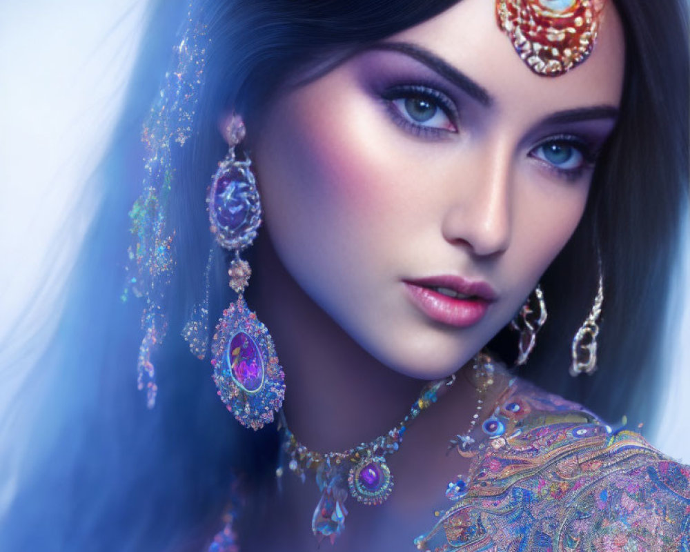 Portrait of Woman with Striking Blue Eyes and Gem-Encrusted Jewelry