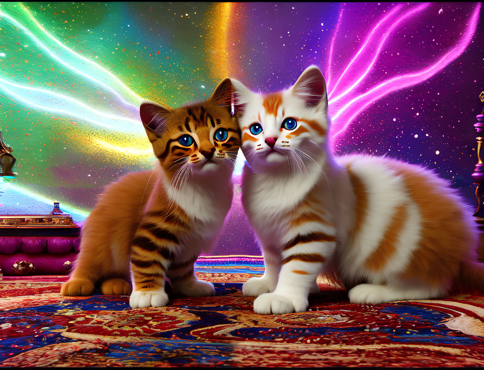 Vibrant kittens with large blue eyes on cosmic carpet