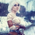 White-Haired Cosplayer in Crop Top Amid Snowy Backdrop