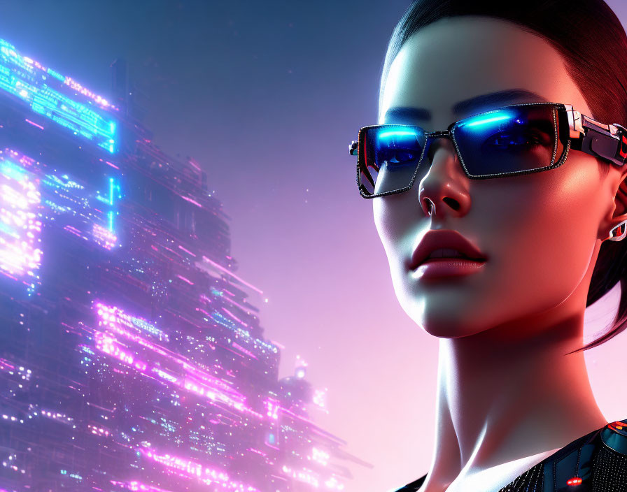 3D-rendered female character in sleek sunglasses against neon-lit cityscape