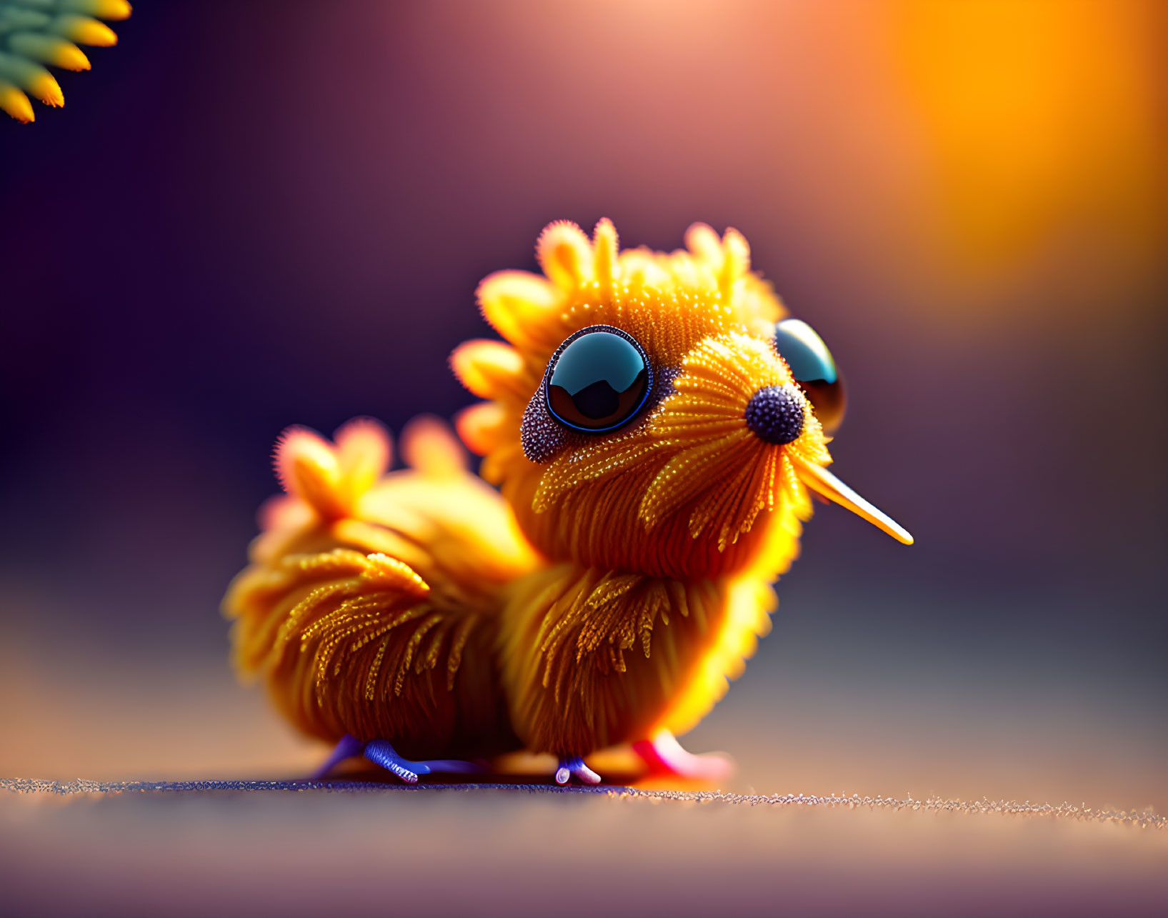 Colorful whimsical creature with orange plumage and purple feet on vibrant background
