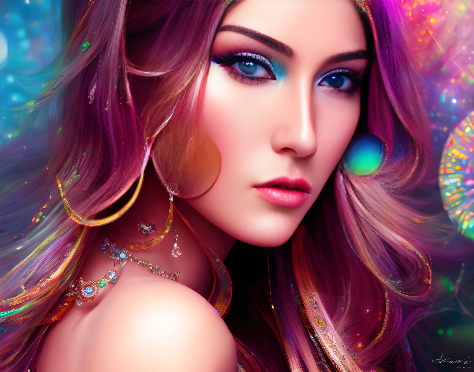 Vivid digital artwork: Woman with blue eyes, flowing hair, and jewelry