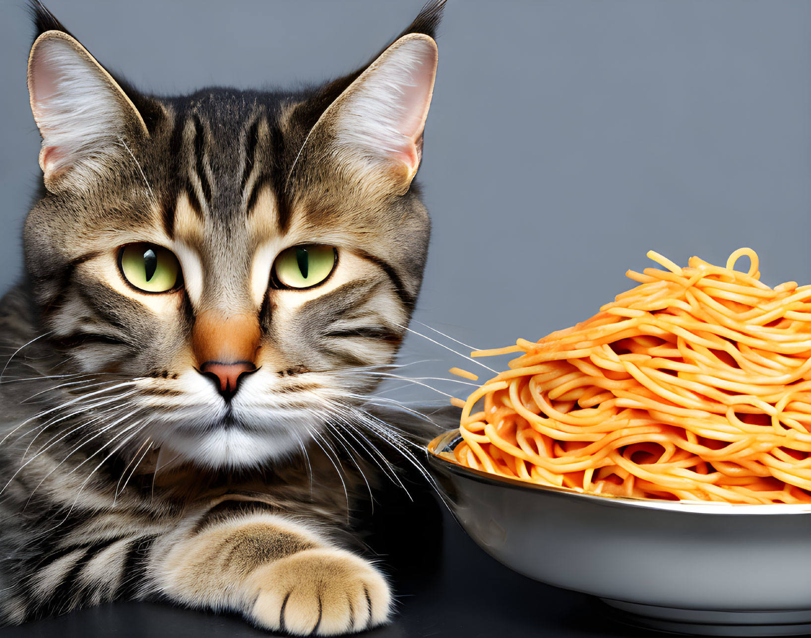 Tabby Cat with Green Eyes and Spaghetti Bowl on Grey Background