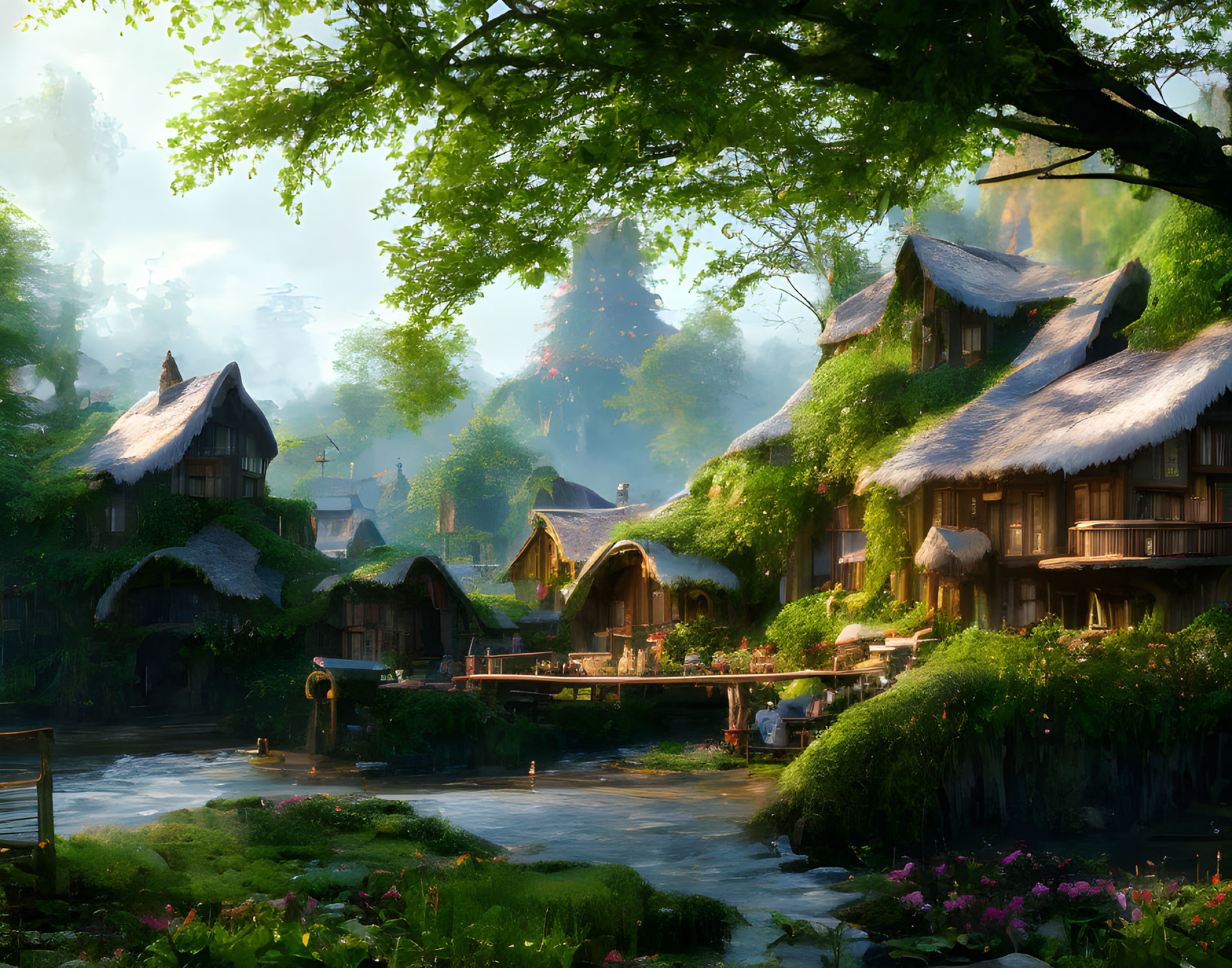 A beautiful elven village on the edge of an ancien
