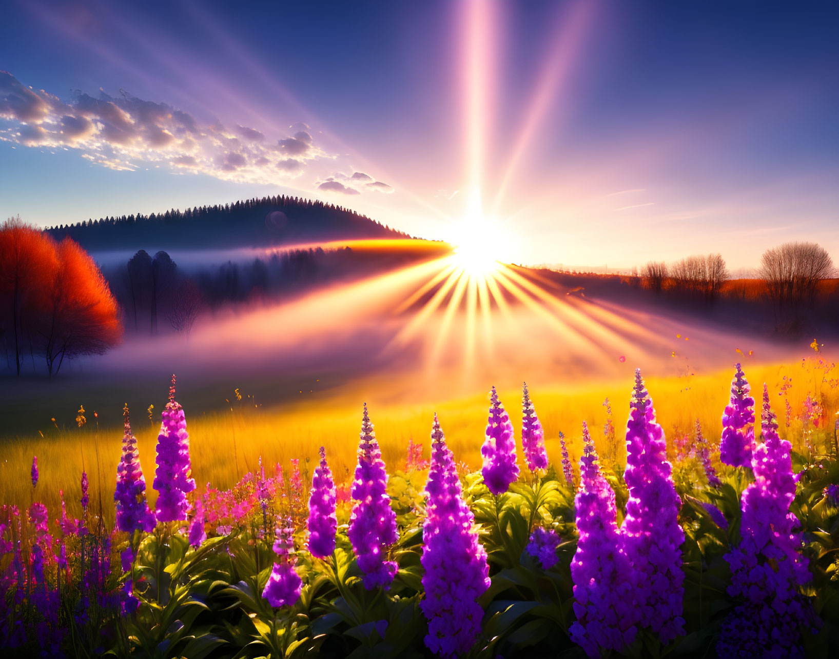 Colorful sunrise over misty field with purple flowers and illuminated trees