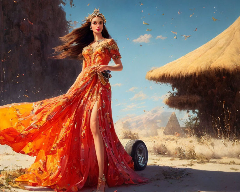 Woman in red dress with gold details in desert landscape