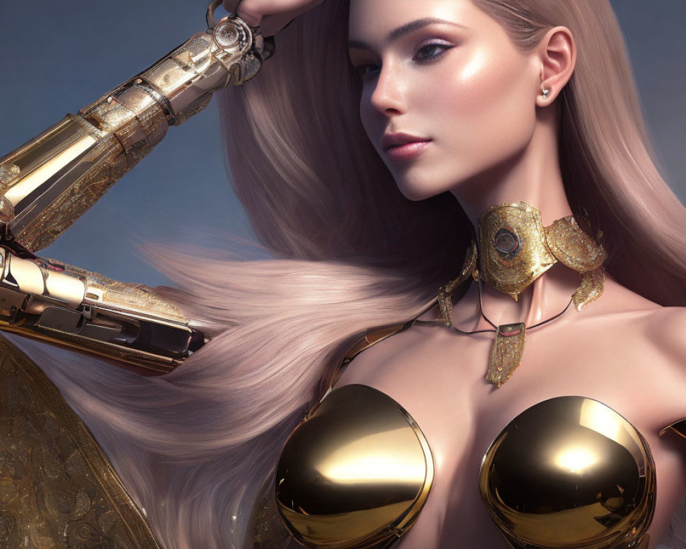 Cybernetic arm woman with sleek hair in golden mechanical parts against blue backdrop
