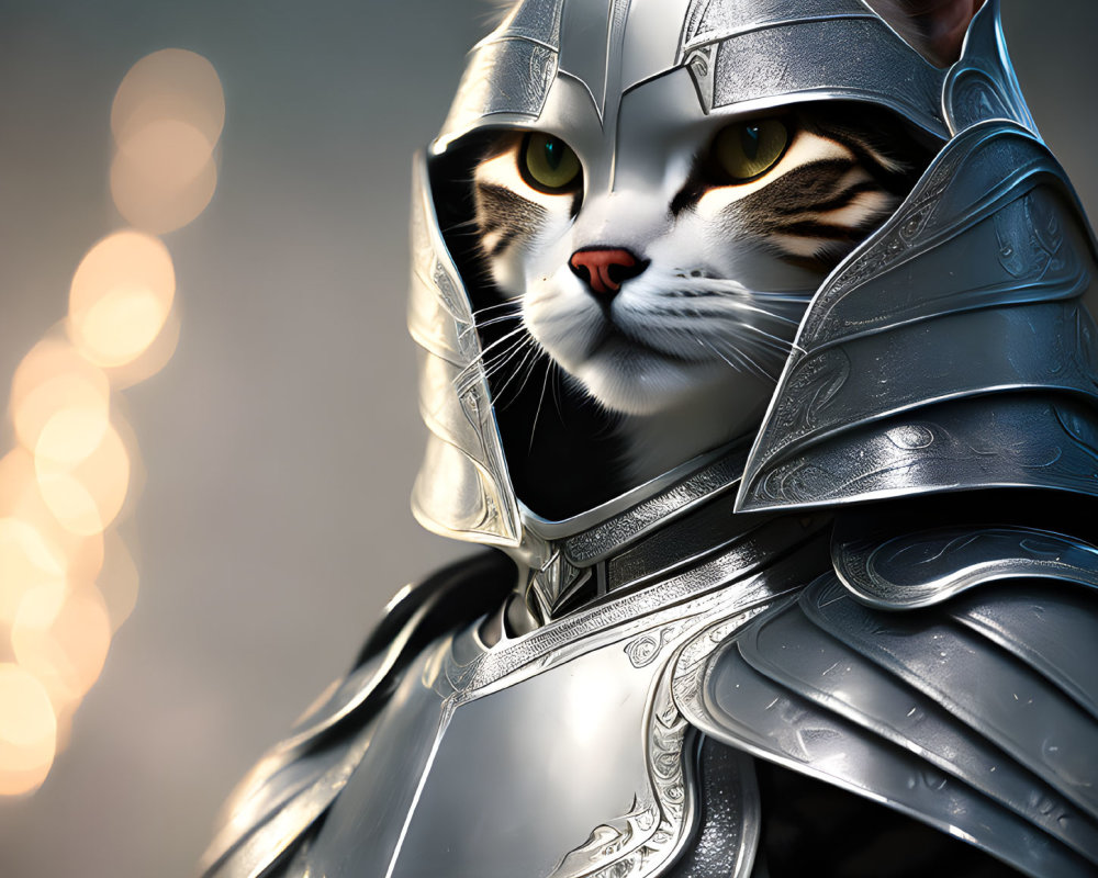 Digital Artwork: Cat in Medieval Knight Armor with Detailed Designs