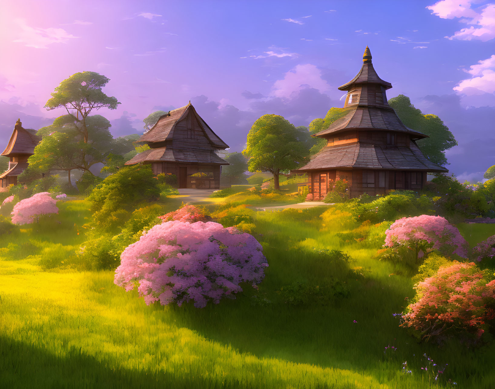 Tranquil fantasy landscape with wooden structures and vibrant flowers