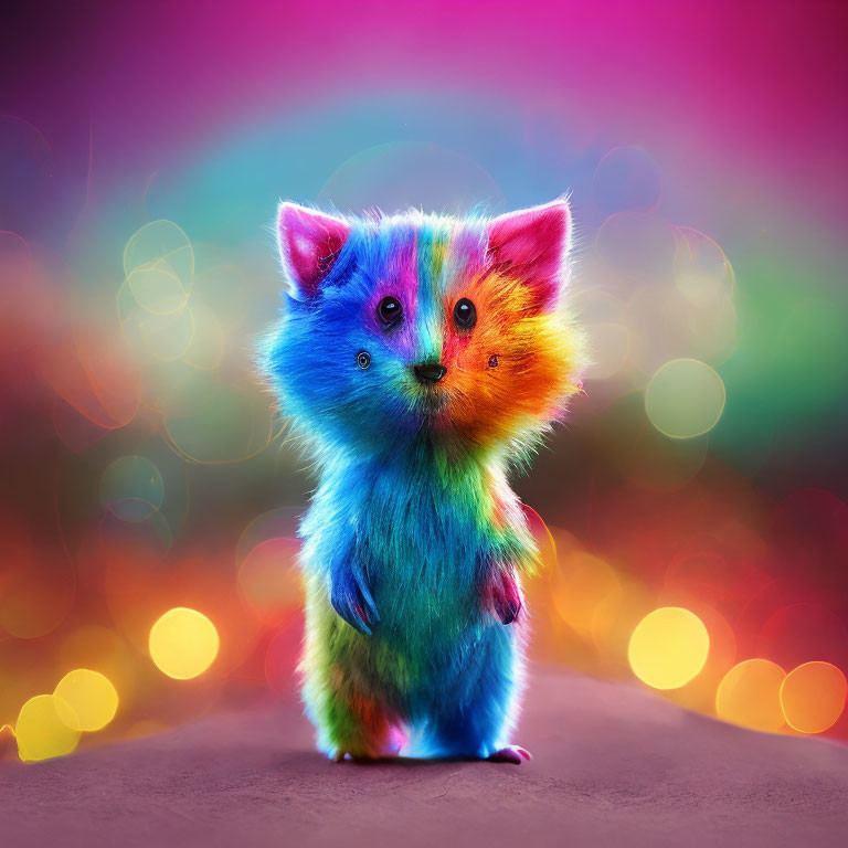 Multicolored rainbow kitten against bokeh light background