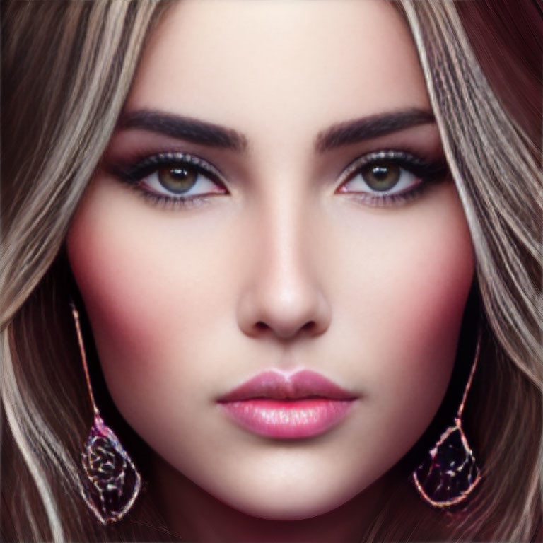 Portrait of woman with green eyes, pink lips, and long earrings