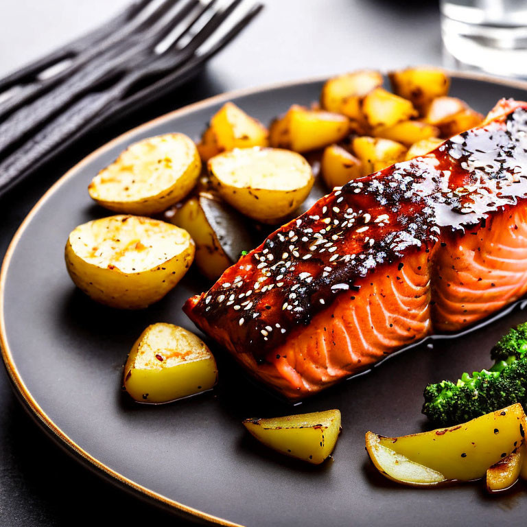 Grilled Salmon Fillet with Glaze, Roasted Potatoes, Broccoli, and Sesame
