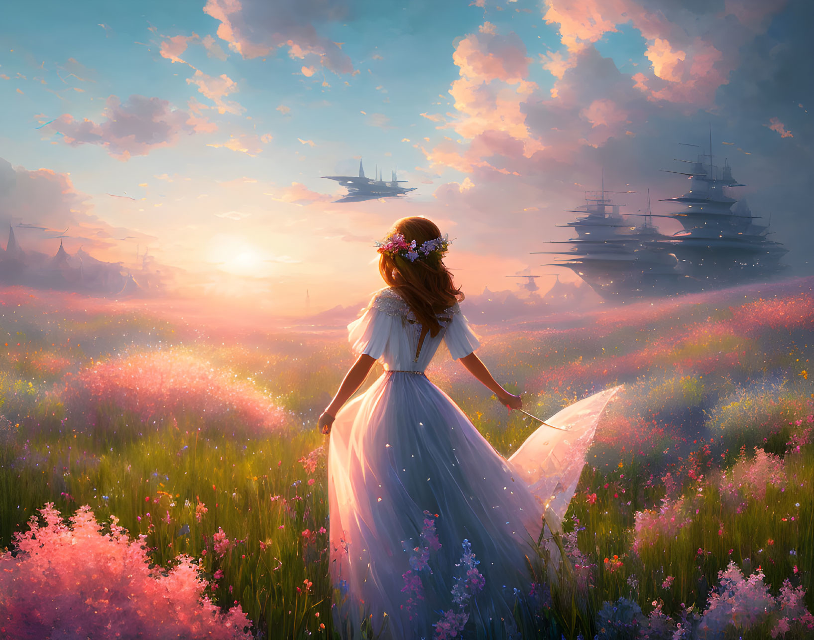 Woman in white dress in vibrant meadow with fantastical ships in sky