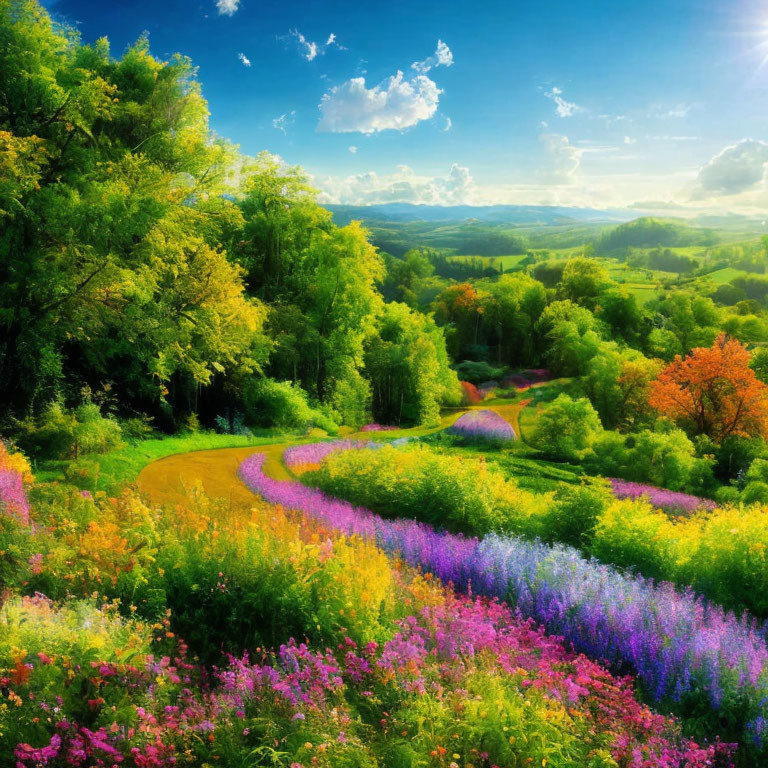 Colorful Wildflower Meadow Landscape with Winding Path