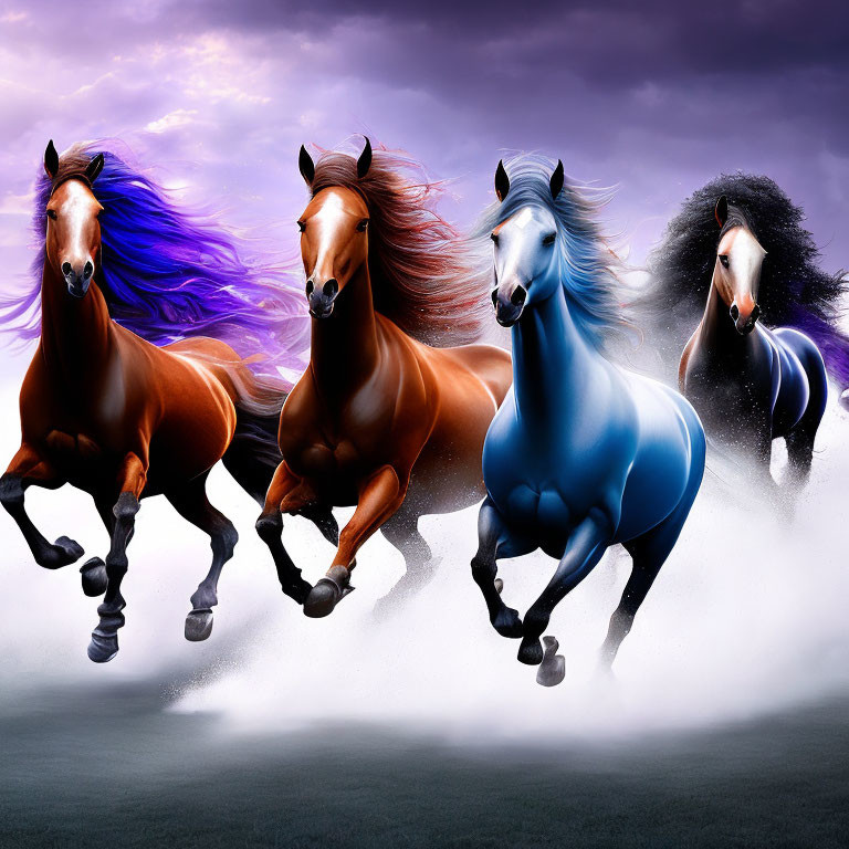 Four Vibrant Horses Gallop Under Purple Sky