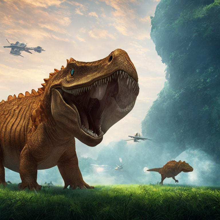 Roaring Tyrannosaurus Rex with Dinosaurs and Military Airplanes in Misty Landscape