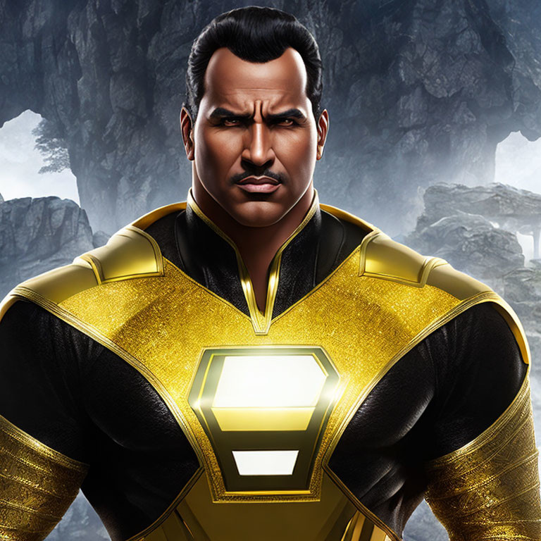 Superhero digital art: strong jawline, black and gold suit, glowing chest emblem, rocky background