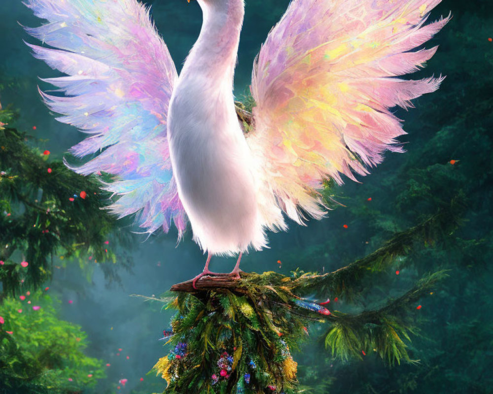 White Dove with Iridescent Wings in Mystical Forest Setting