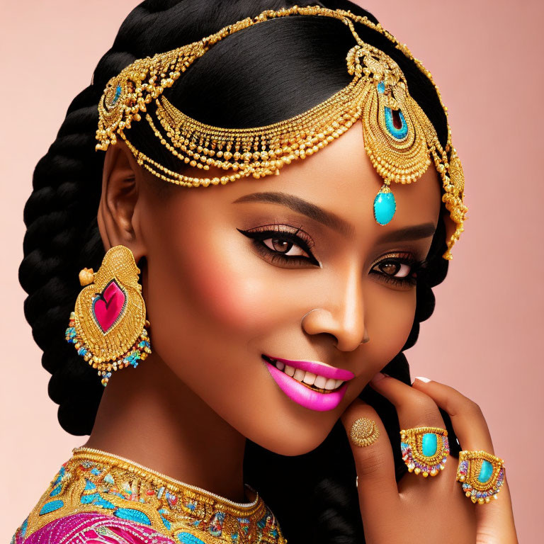 Woman adorned in intricate gold jewelry and vibrant makeup against pink background.