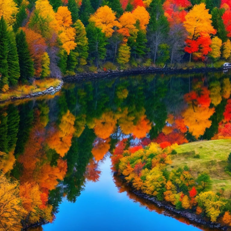 Tranquil autumn lake scene with vibrant fall foliage reflections