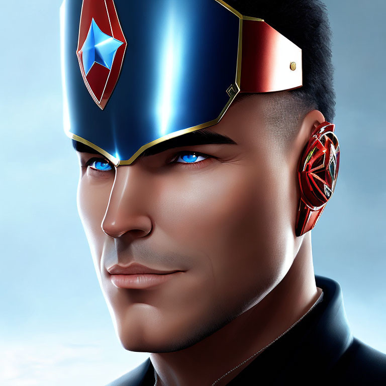Male superhero illustration with blue star helmet and red-gold earpiece